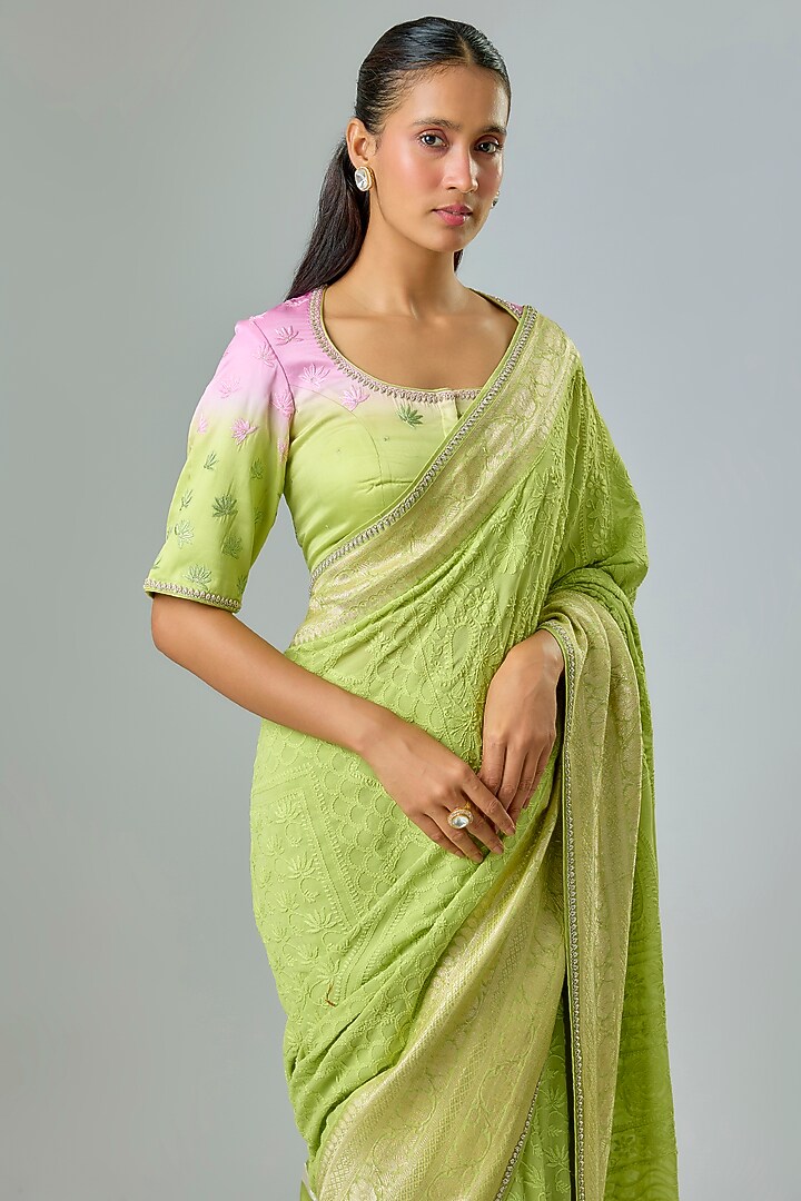 Green Chikankari Zari & Sequin Embroidered Bridal Saree Set by Kavitha Gutta at Pernia's Pop Up Shop