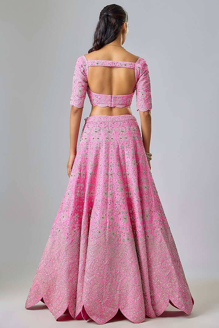 Pink Raw Silk Sequin & Thread Embroidered Bridal Lehenga Set by Kavitha Gutta at Pernia's Pop Up Shop