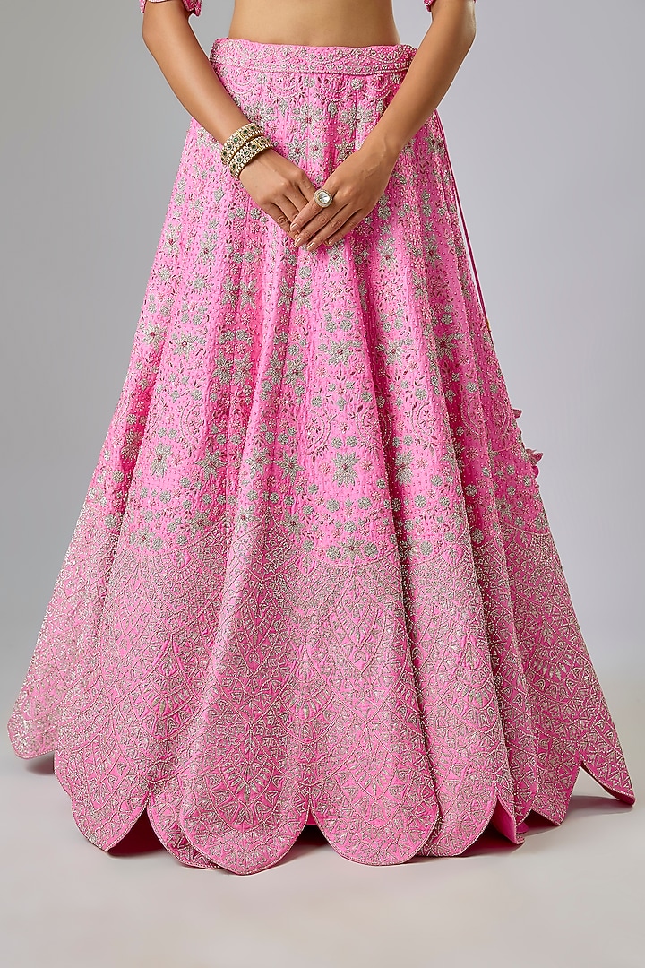 Pink Raw Silk Sequin & Thread Embroidered Bridal Lehenga Set by Kavitha Gutta at Pernia's Pop Up Shop