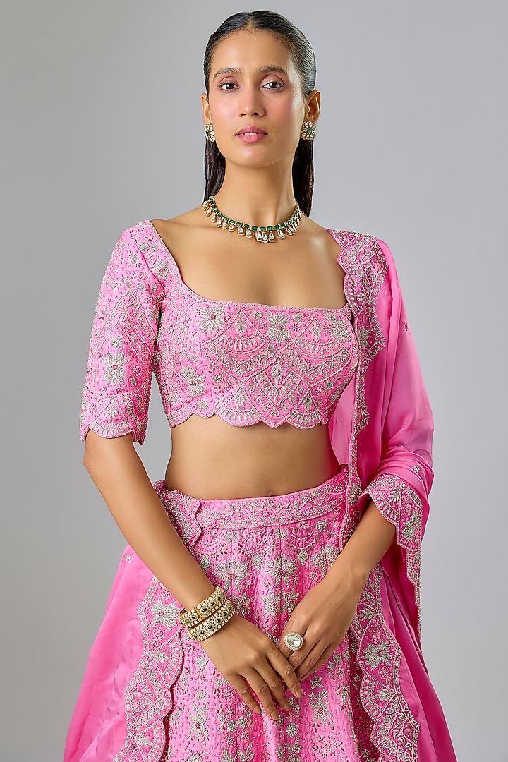 Pink Raw Silk Sequin & Thread Embroidered Bridal Lehenga Set by Kavitha Gutta at Pernia's Pop Up Shop