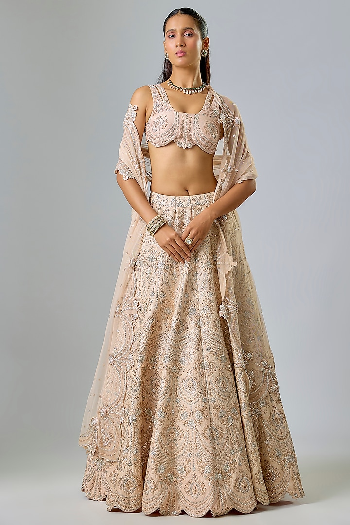 Nude Pink Raw Silk Swarovski & Sequin Embroidered Bridal lehenga for 22 Lehenga Set by Kavitha Gutta at Pernia's Pop Up Shop