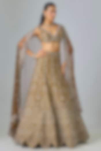 Brown Pure Raw Silk Swarovski Hand Embroidered Bridal lehenga for 22 Lehenga Set by Kavitha Gutta at Pernia's Pop Up Shop