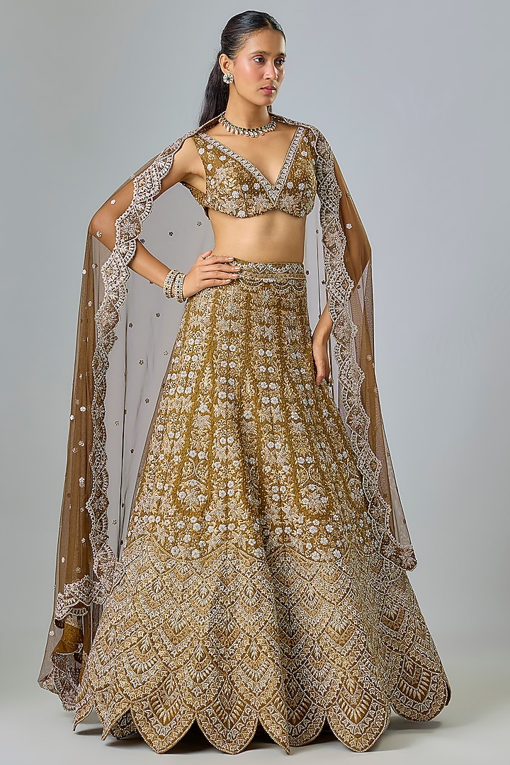 Brown Pure Raw Silk Swarovski Hand Embroidered Bridal lehenga for 22 Lehenga Set by Kavitha Gutta at Pernia's Pop Up Shop