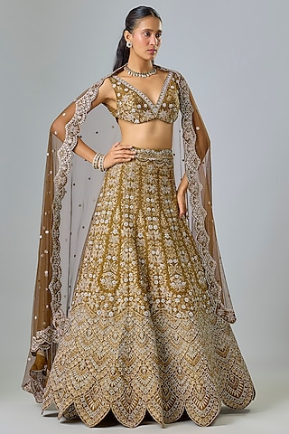 Brown Pure Raw Silk Swarovski Hand Embroidered Lehenga Set by Kavitha Gutta