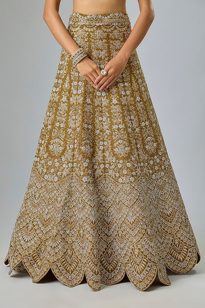 Brown Pure Raw Silk Swarovski Hand Embroidered Bridal Lehenga Set by Kavitha Gutta at Pernia's Pop Up Shop