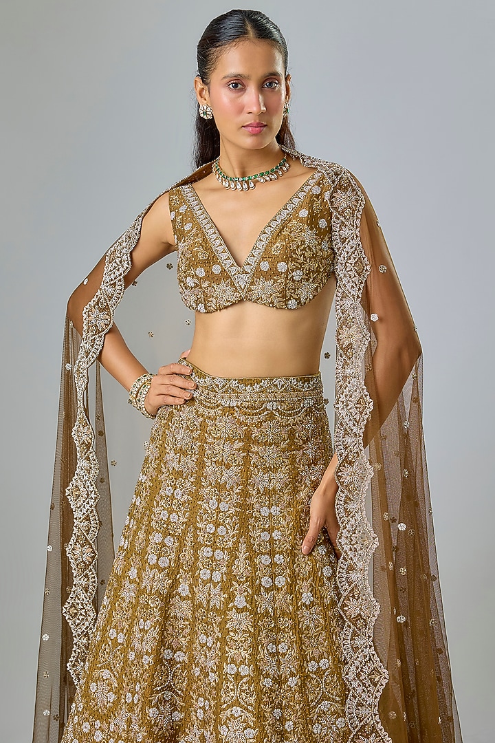 Brown Pure Raw Silk Swarovski Hand Embroidered Bridal Lehenga Set by Kavitha Gutta at Pernia's Pop Up Shop