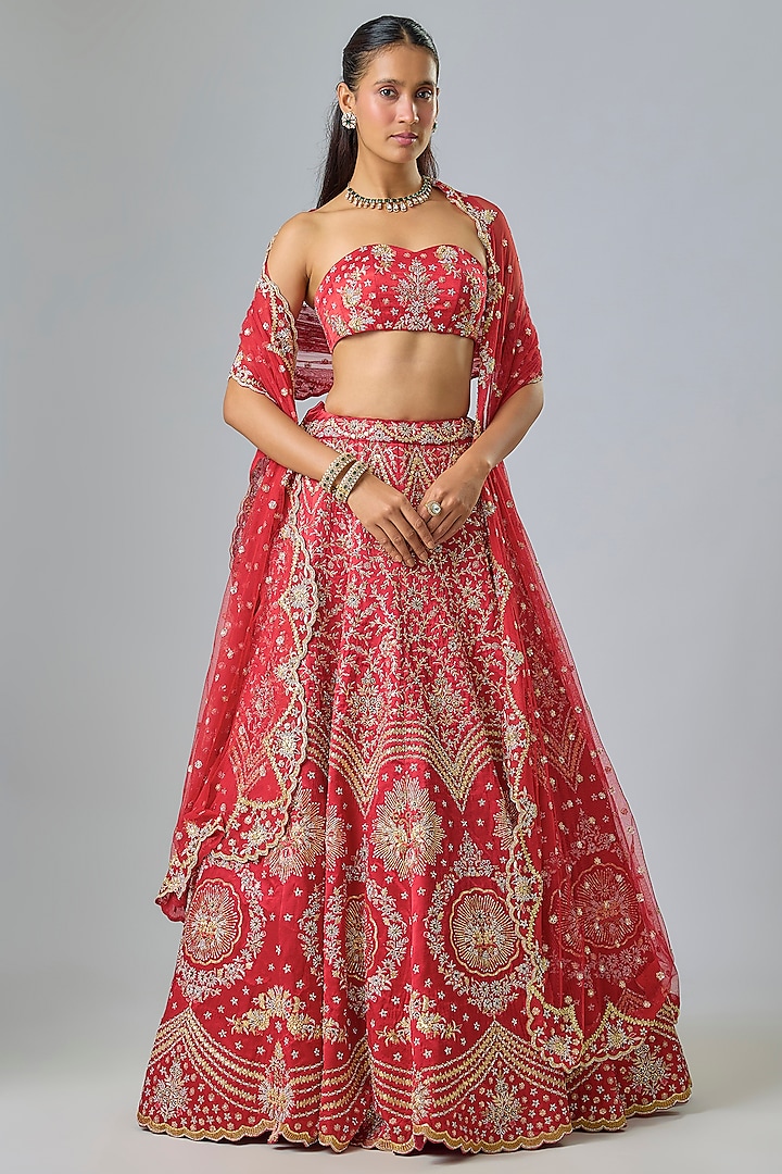Red Raw Silk Swarovski Crystal Embroidered Bridal lehenga for 22 Lehenga Set by Kavitha Gutta at Pernia's Pop Up Shop