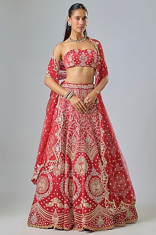 Red Raw Silk Swarovski Crystal Embroidered Lehenga Set by Kavitha Gutta