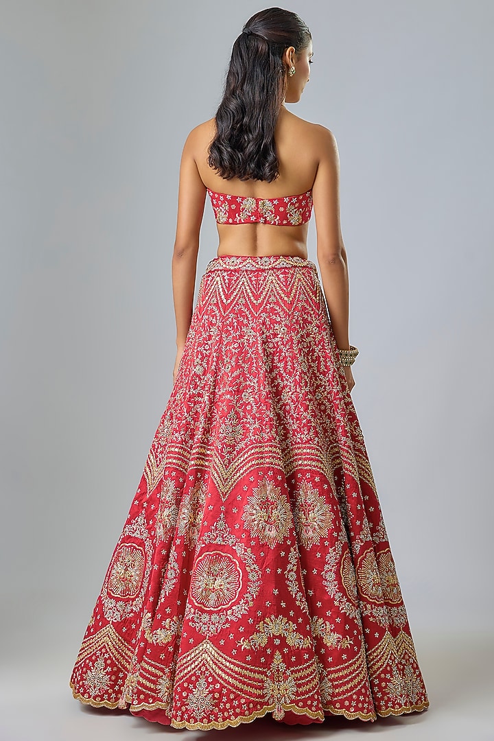 Red Raw Silk Swarovski Crystal Embroidered Bridal Lehenga Set by Kavitha Gutta at Pernia's Pop Up Shop