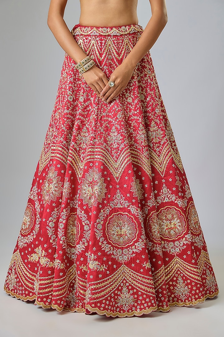 Red Raw Silk Swarovski Crystal Embroidered Bridal Lehenga Set by Kavitha Gutta at Pernia's Pop Up Shop
