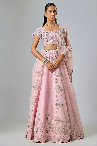 Baby Pink Pure Raw Silk Swarovski & Sequin Hand Embroidered Lehenga Set by Kavitha Gutta