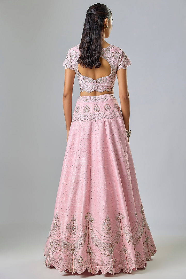 Baby Pink Pure Raw Silk Swarovski & Sequin Hand Embroidered Bridal Lehenga Set by Kavitha Gutta at Pernia's Pop Up Shop