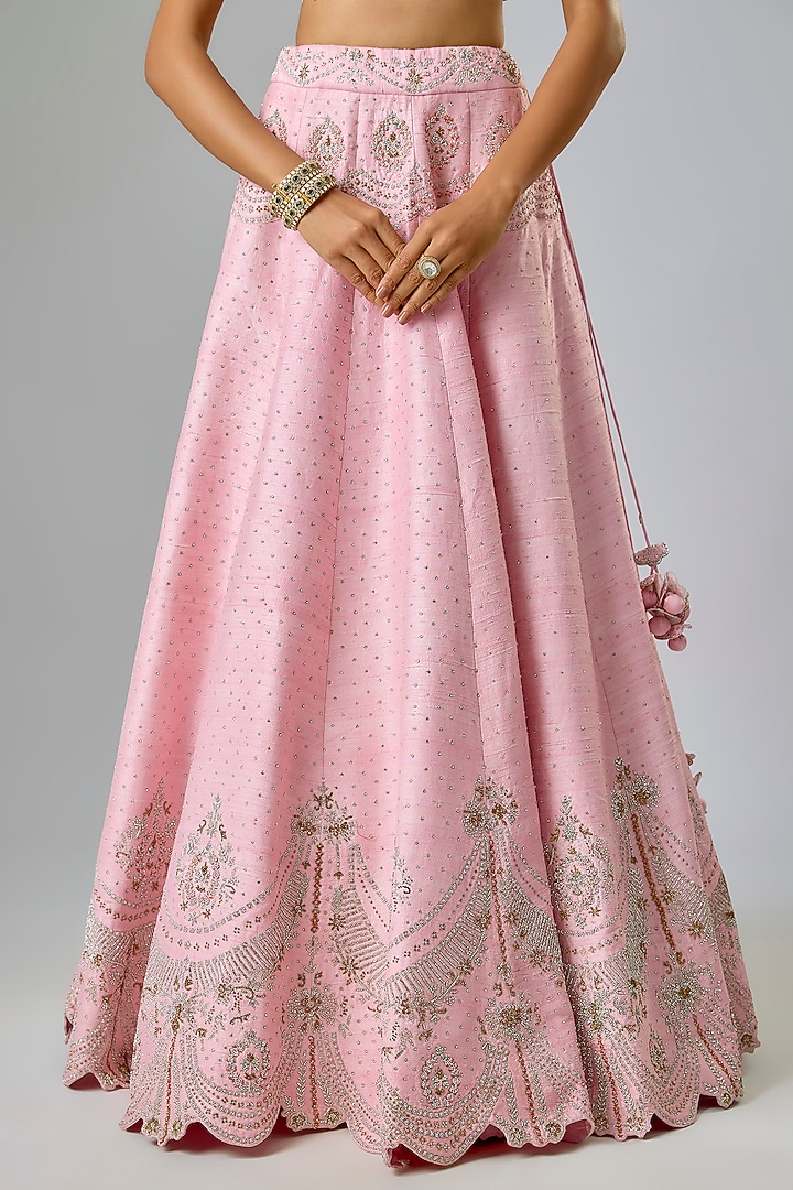 Baby Pink Pure Raw Silk Swarovski & Sequin Hand Embroidered Bridal Lehenga Set by Kavitha Gutta at Pernia's Pop Up Shop