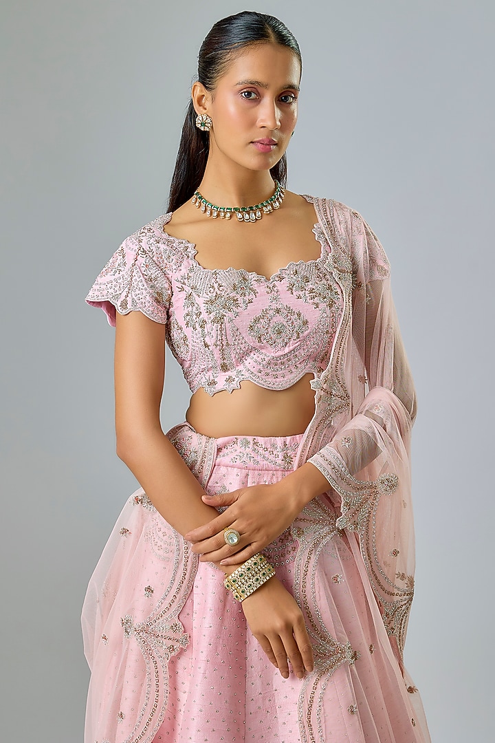 Baby Pink Pure Raw Silk Swarovski & Sequin Hand Embroidered Bridal Lehenga Set by Kavitha Gutta at Pernia's Pop Up Shop