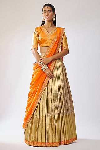 Ivory-Golden Silk Thread Embroidered Lehenga Set by Kavitha Gutta