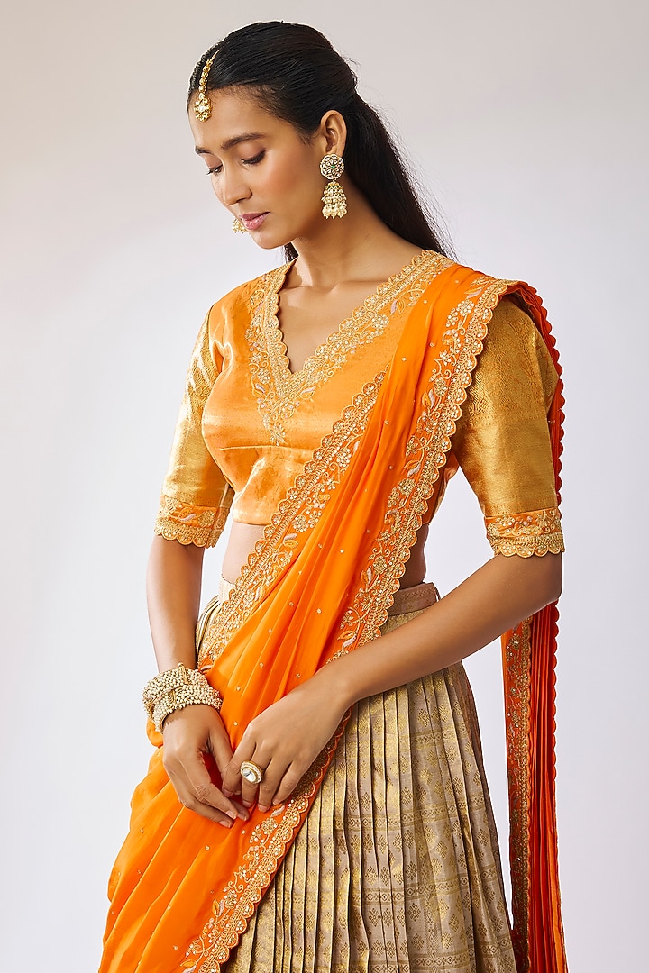 Ivory-Golden Silk Thread Embroidered Bridal Lehenga Set by Kavitha Gutta at Pernia's Pop Up Shop