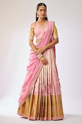 Rose Pink Silk Thread Embroidered Lehenga Set by Kavitha Gutta