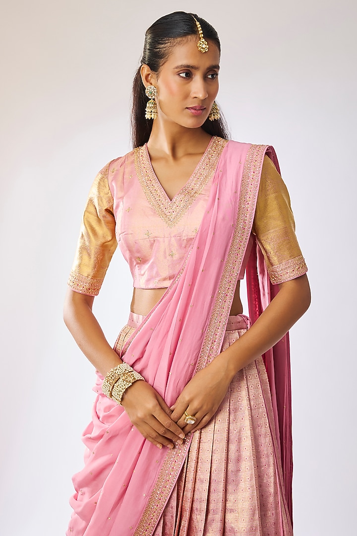 Rose Pink Silk Thread Embroidered Bridal Lehenga Set by Kavitha Gutta at Pernia's Pop Up Shop