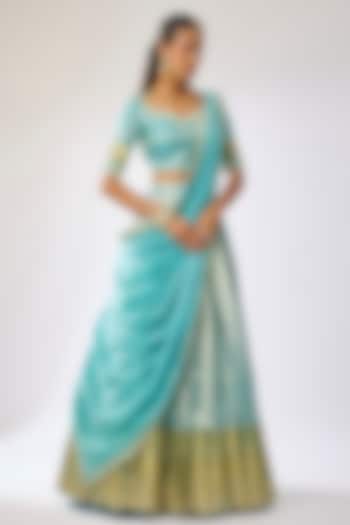 Aqua Blue Silk Thread Embroidered Bridal Lehenga Set by Kavitha Gutta at Pernia's Pop Up Shop