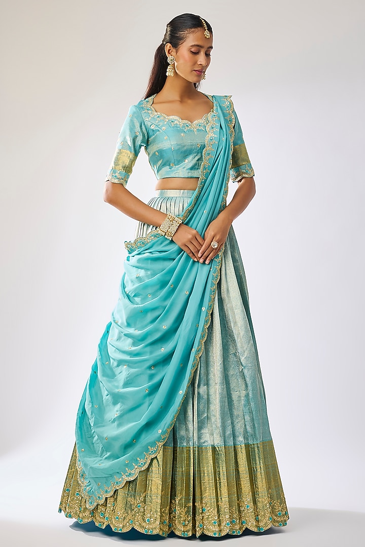 Aqua Blue Silk Thread Embroidered Bridal Lehenga Set by Kavitha Gutta at Pernia's Pop Up Shop