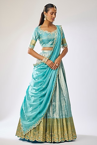 Aqua Blue Silk Thread Embroidered Lehenga Set by Kavitha Gutta