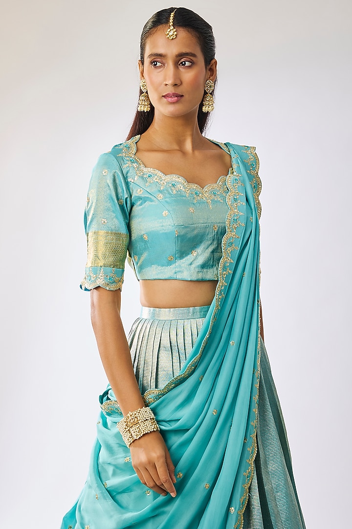 Aqua Blue Silk Thread Embroidered Bridal Lehenga Set by Kavitha Gutta at Pernia's Pop Up Shop