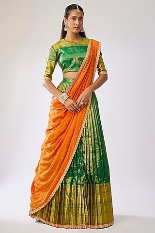 Dark Green Silk Sequins Embroidered Lehenga Set by Kavitha Gutta