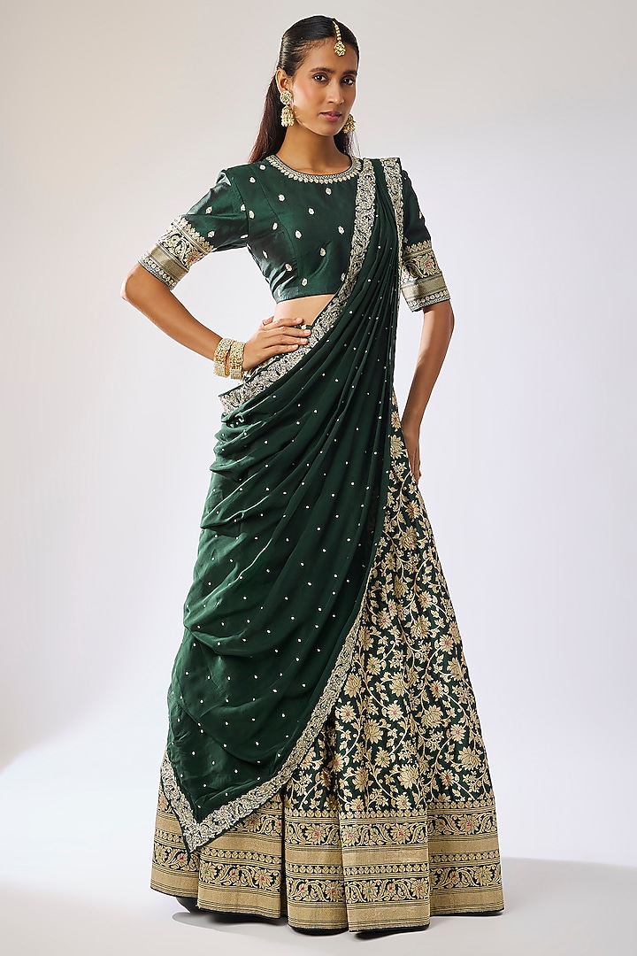 Bottle Green Banarasi Silk Zari Embroidered Bridal Lehenga Set by Kavitha Gutta at Pernia's Pop Up Shop