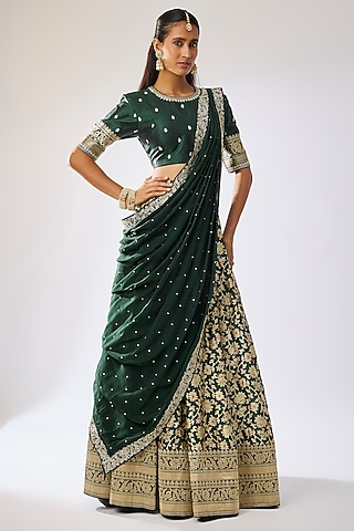 Bottle Green Banarasi Silk Zari Embroidered Lehenga Set by Kavitha Gutta