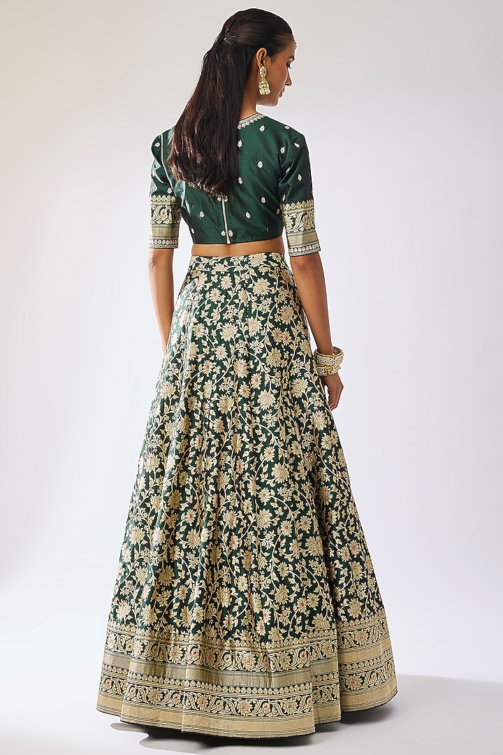 Bottle Green Banarasi Silk Zari Embroidered Bridal Lehenga Set by Kavitha Gutta at Pernia's Pop Up Shop