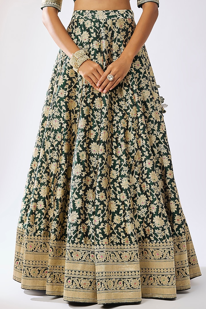 Bottle Green Banarasi Silk Zari Embroidered Bridal Lehenga Set by Kavitha Gutta at Pernia's Pop Up Shop