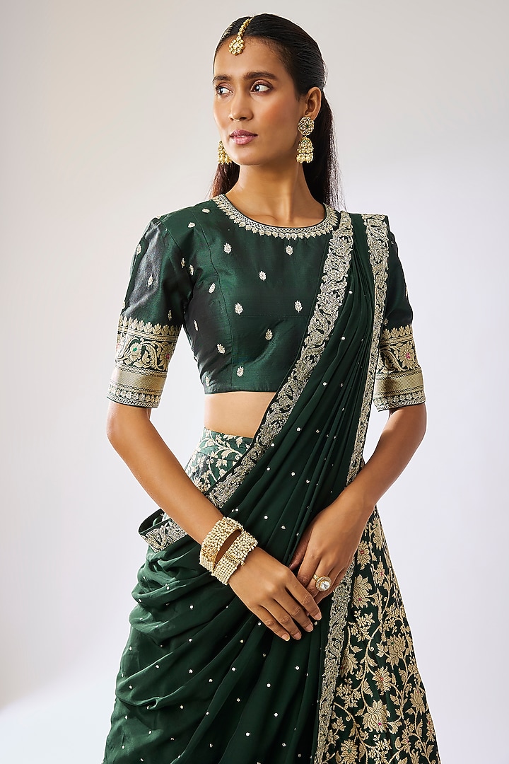 Bottle Green Banarasi Silk Zari Embroidered Bridal Lehenga Set by Kavitha Gutta at Pernia's Pop Up Shop