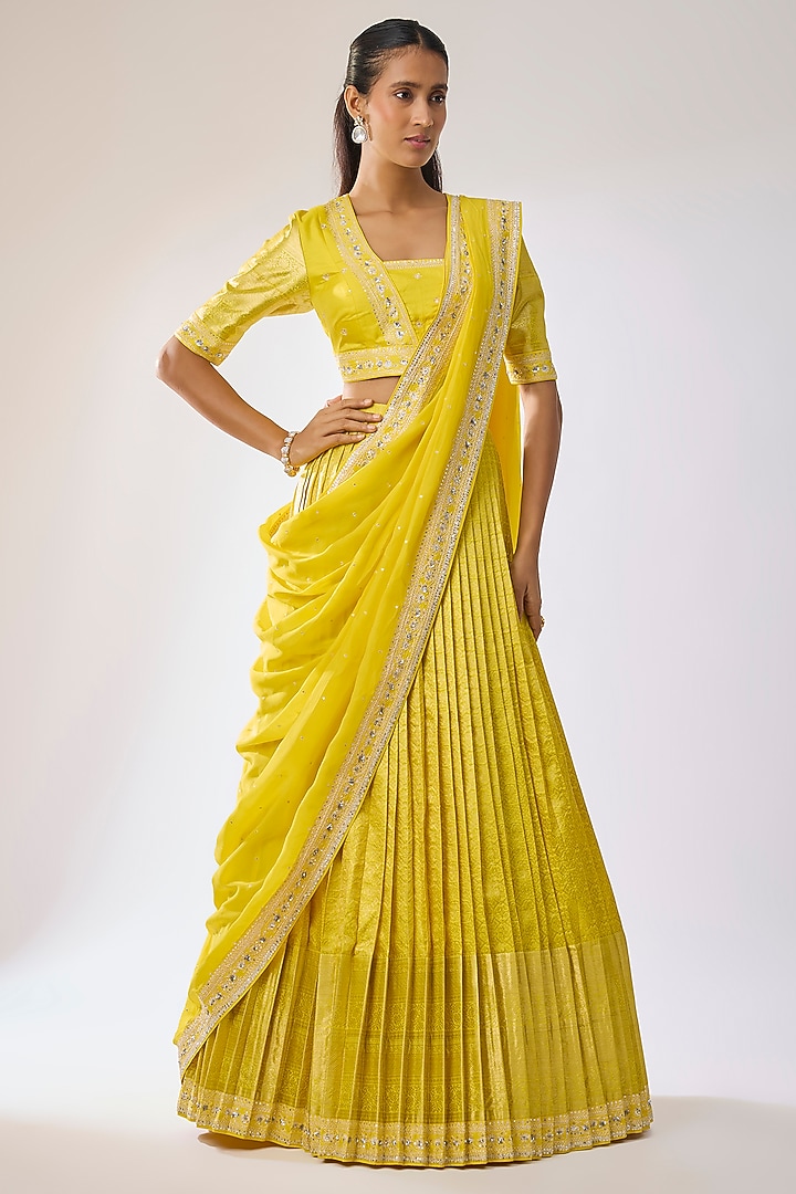 Lemon Yellow Kanchi Silk Zari Embroidered Wedding Lehenga Set by Kavitha Gutta at Pernia's Pop Up Shop
