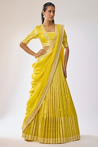 Lemon Yellow Kanchi Silk Zari Embroidered Lehenga Set by Kavitha Gutta
