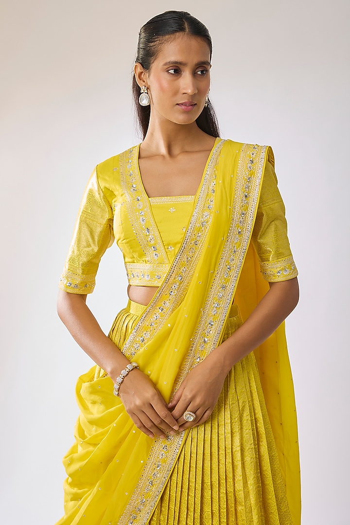 Lemon Yellow Kanchi Silk Zari Embroidered Wedding Lehenga Set by Kavitha Gutta at Pernia's Pop Up Shop