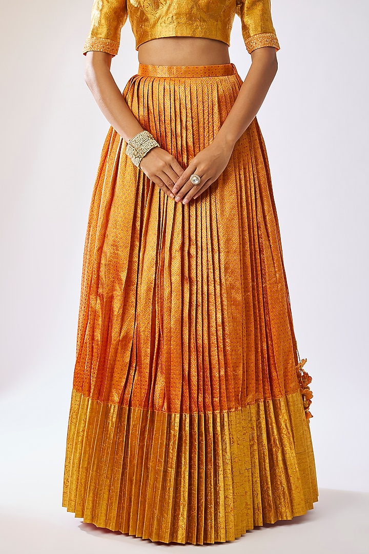 Orange Pattu Silk Zari Embroidered Bridal Lehenga Set by Kavitha Gutta at Pernia's Pop Up Shop