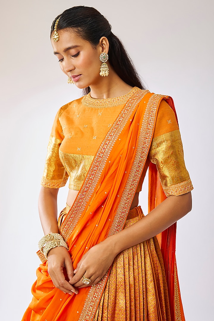 Orange Pattu Silk Zari Embroidered Bridal Lehenga Set by Kavitha Gutta at Pernia's Pop Up Shop