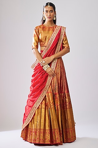 Red Silk Embroidered Lehenga Set by Kavitha Gutta