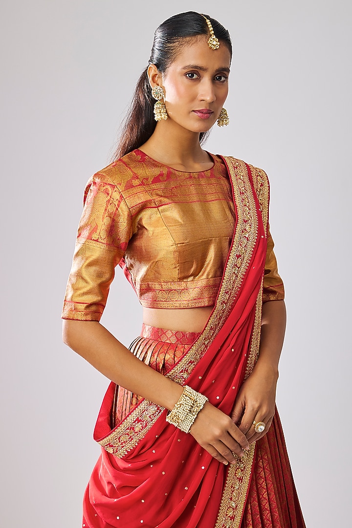 Red Silk Embroidered Bridal Lehenga Set by Kavitha Gutta at Pernia's Pop Up Shop