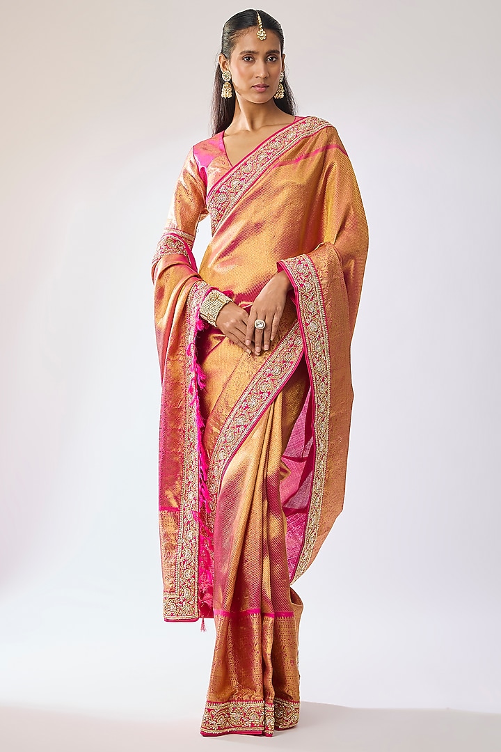 Pink Silk Hand Embroidered Bridal Saree Set by Kavitha Gutta at Pernia's Pop Up Shop