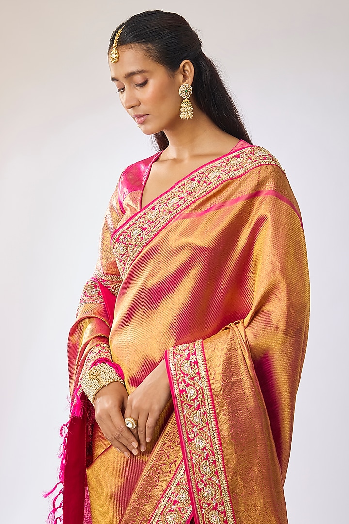 Pink Silk Hand Embroidered Bridal Saree Set by Kavitha Gutta at Pernia's Pop Up Shop