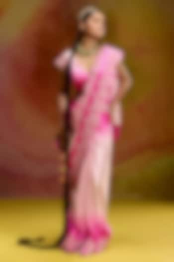 Baby Pink & Rani Pink Shaded Modal Satin Banarasi Zari Work Wedding Saree Set by Kavitha Gutta at Pernia's Pop Up Shop