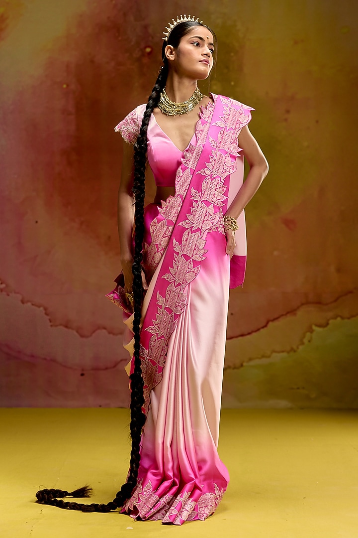 Baby Pink & Rani Pink Shaded Modal Satin Banarasi Zari Work Wedding Saree Set by Kavitha Gutta at Pernia's Pop Up Shop