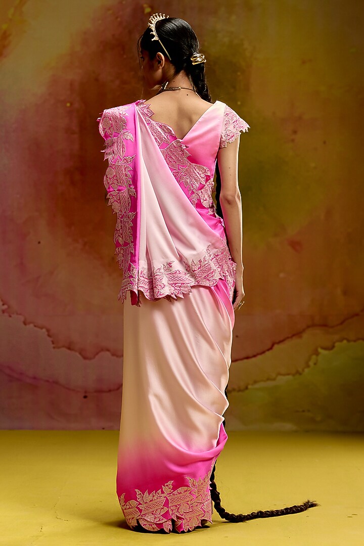 Baby Pink & Rani Pink Shaded Modal Satin Banarasi Zari Work Wedding Saree Set by Kavitha Gutta at Pernia's Pop Up Shop