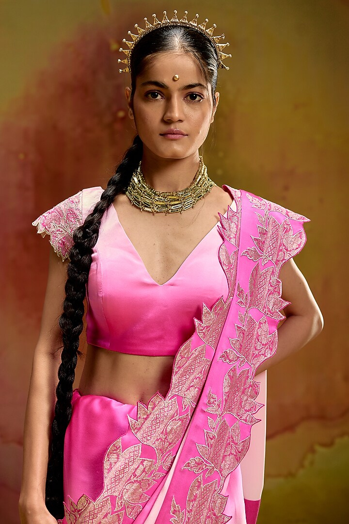 Baby Pink & Rani Pink Shaded Modal Satin Banarasi Zari Work Wedding Saree Set by Kavitha Gutta at Pernia's Pop Up Shop