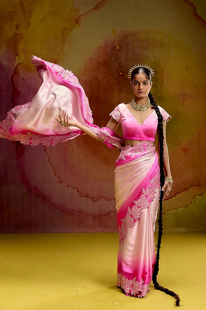 Baby Pink & Rani Pink Shaded Modal Satin Banarasi Zari Work Wedding Saree Set by Kavitha Gutta at Pernia's Pop Up Shop