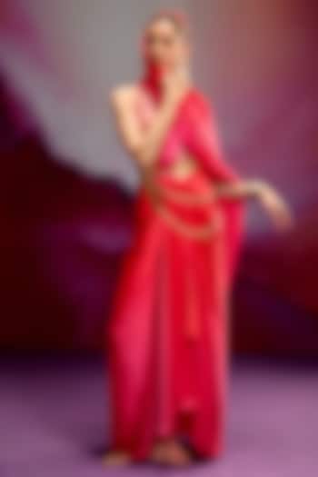 Orange & Pink Shaded Modal Satin Banarasi Zari Work Pre-Draped Wedding Saree Set by Kavitha Gutta at Pernia's Pop Up Shop