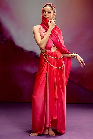 Orange & Pink Shaded Modal Satin Banarasi Zari Work Pre-Draped Saree Set by Kavitha Gutta