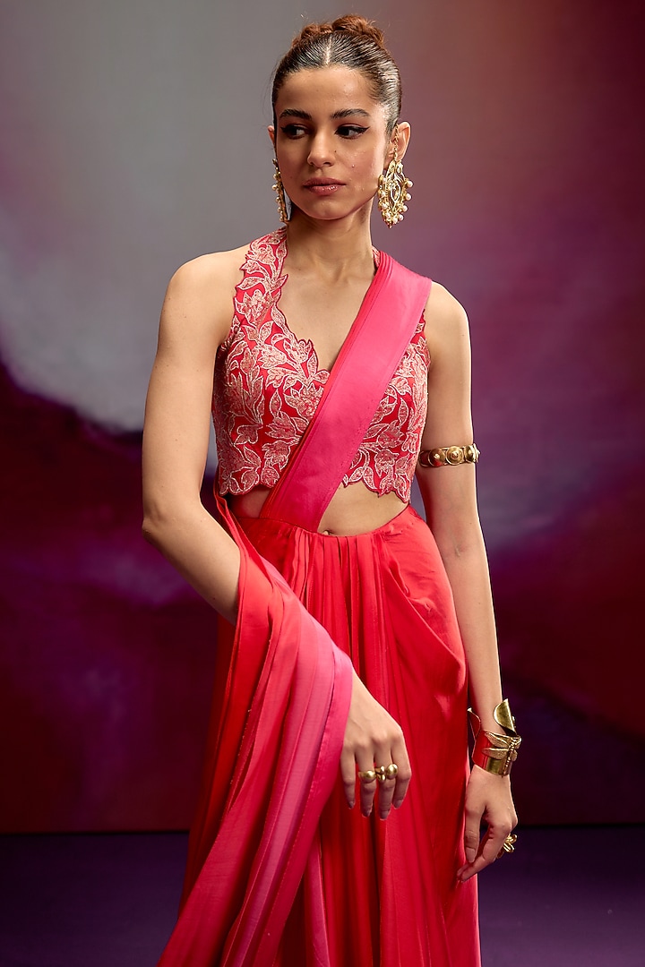 Orange & Pink Shaded Modal Satin Banarasi Zari Work Pre-Draped Wedding Saree Set by Kavitha Gutta at Pernia's Pop Up Shop