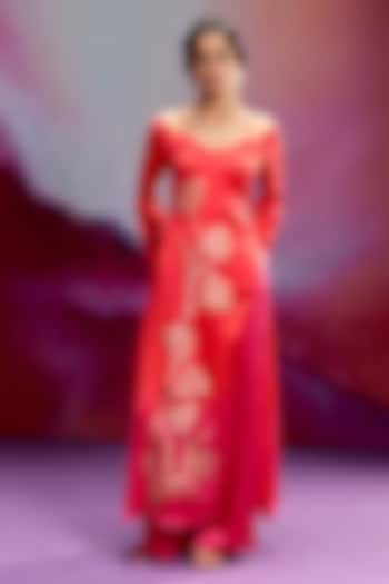 Orange Modal Satin Banarasi Zari Applique Work Kurta Set by Kavitha Gutta at Pernia's Pop Up Shop